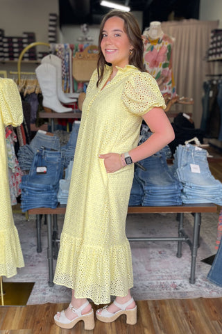 Entro lemon sunny yellow cotton eyelet midi dress short puff sleeves with pockets and ruffle mock neck and wide ruffle hem and lined D29377