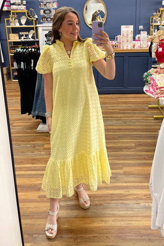Entro lemon sunny yellow cotton eyelet midi dress short puff sleeves with pockets and ruffle mock neck and wide ruffle hem and lined D29377