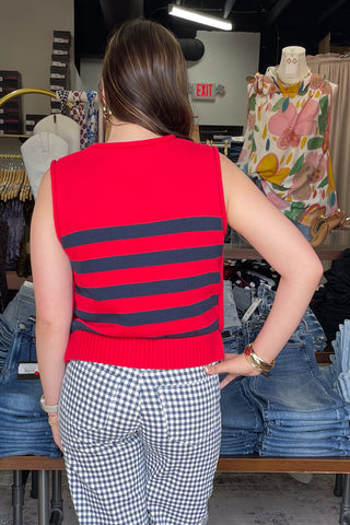 Entro red with navy striped knit sleeveless top functional side gold buttons T29614