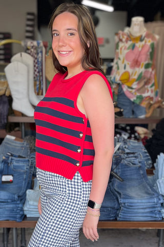 Entro red with navy striped knit sleeveless top functional side gold buttons T29614