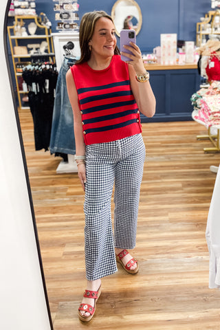 Entro red with navy striped knit sleeveless top functional side gold buttons T29614