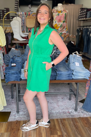 Entro green sleeveless half zip sporty knit mini dress scalloped stand up collar D30394