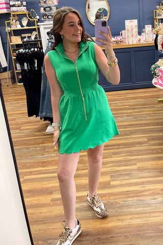 Entro green sleeveless half zip sporty knit mini dress scalloped stand up collar D30394