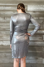 entro metallic silver midi cocktail party dress for holidays and special events D19568