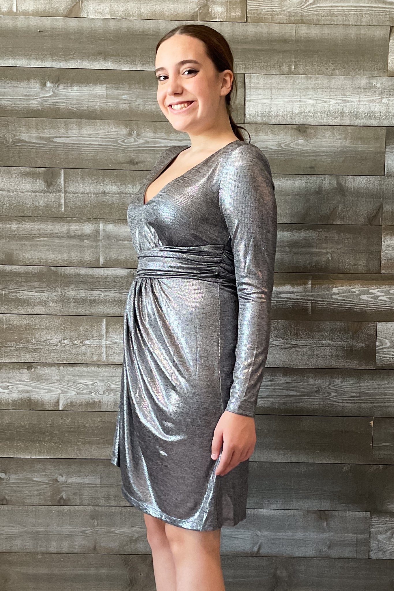 metallic silver midi dress POSTER GIRL