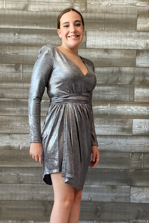 entro metallic silver midi cocktail party dress for holidays and special events D19568