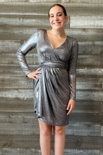 entro metallic silver midi cocktail party dress for holidays and special events D19568