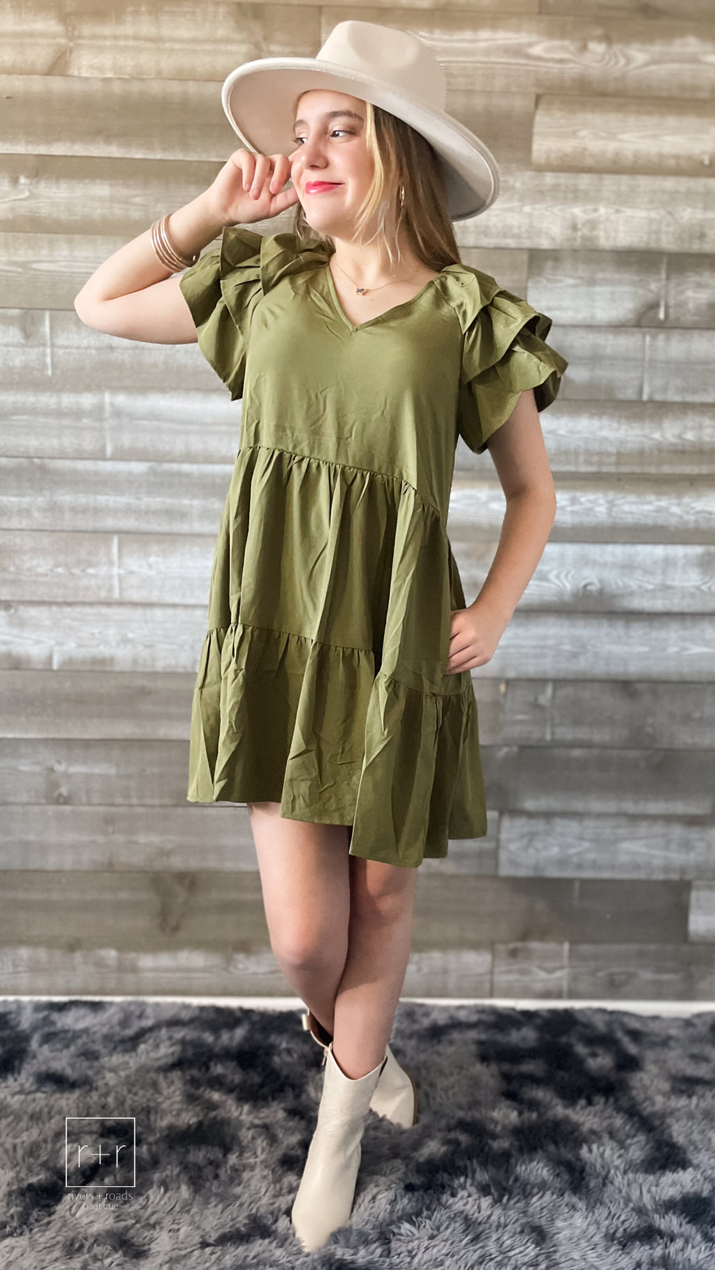 entro olive tiered mini dress with ruffle sleeves & v-neckline D21476
