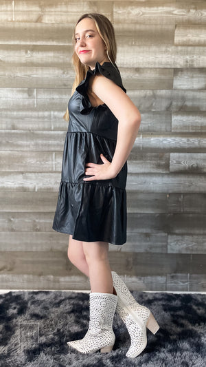 entro faux leather tiered mini dress ruffle sleeves vneck D18758 black