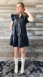 entro faux leather tiered mini dress ruffle sleeves vneck D18758 black