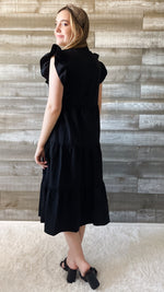 entro tiered midi dress with wide ruffle sleeves and v-neckline D18817 black