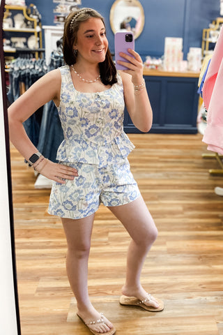 Entro blue floral cotton tank top peplum waist pearl button up with scoop neck T27169 part of matching set sold separately