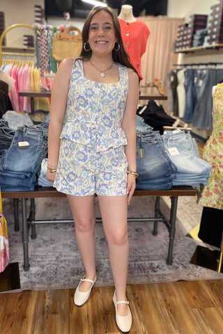 Entro cotton high waist blue floral print matching shorts set T27169 P27170