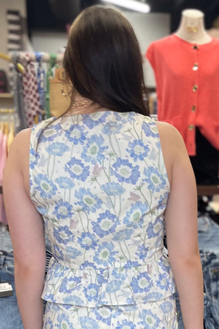 Entro blue floral cotton tank top peplum waist pearl button up with scoop neck T27169 part of matching set sold separately