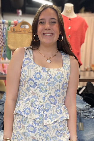 Entro blue floral cotton tank top peplum waist pearl button up with scoop neck T27169 part of matching set sold separately