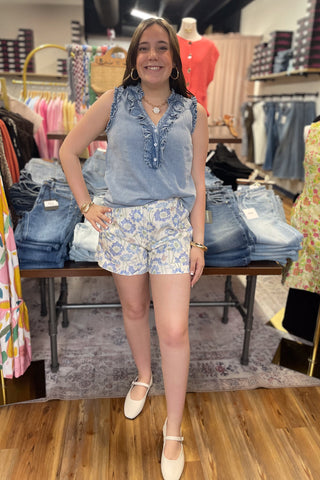 Entro cotton high waist blue floral print pleated shorts with elastic back waist P27170