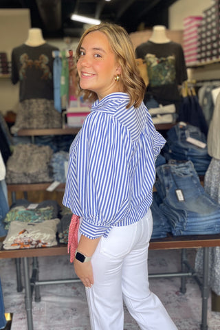 Entro Navy Blue Striped Button Down Blouse Puff Sleeves T33240 back view