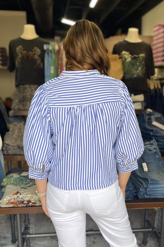 Entro Navy Blue Striped Button Down Blouse Puff Sleeves T33240 back view