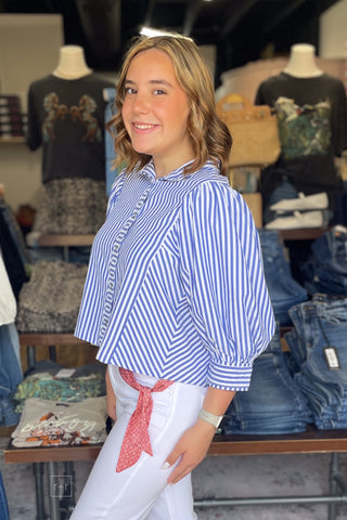 Entro Navy Blue Striped Button Down Blouse Puff Sleeves T33240 side view