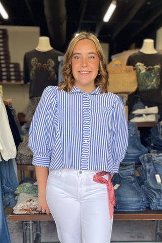 Entro Navy Blue Striped Button Down Blouse Puff Sleeves T33240 front view