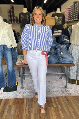 Entro Navy Blue Striped Button Down Blouse Puff Sleeves T33240 full outfit front view