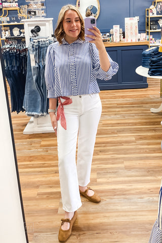 Entro Navy Blue Striped Button Down Blouse Puff Sleeves T33240 mirror selfie