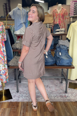 Entro brown gingham mini dress short sleeves a-line silhouette D32378 back view