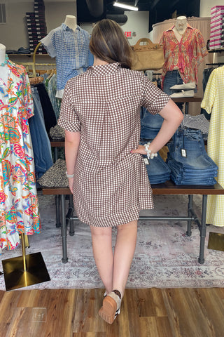 Entro brown gingham mini dress short sleeves a-line silhouette D32378 back view