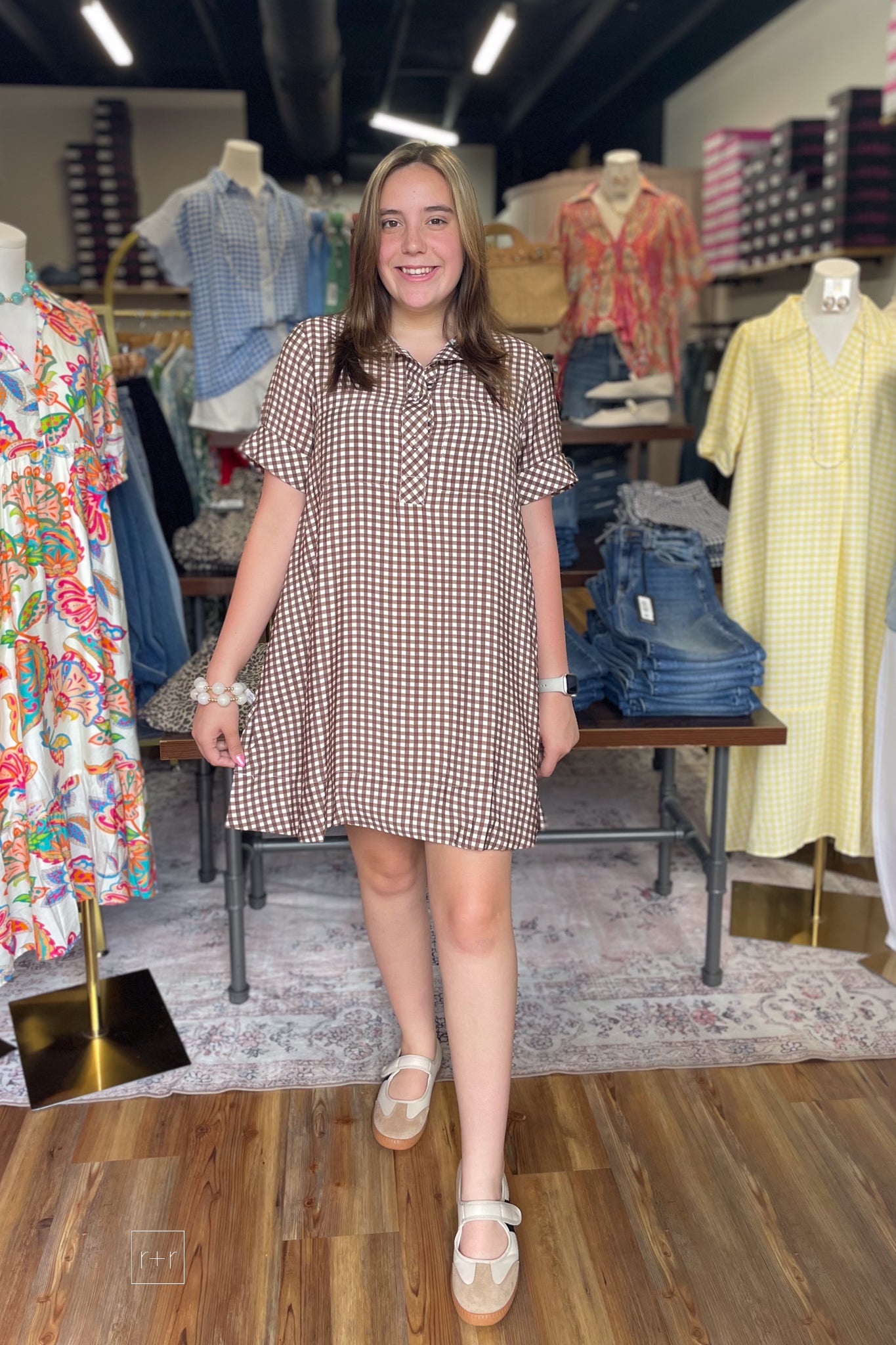 Entro brown gingham mini dress short sleeves aline silhouette / Small
