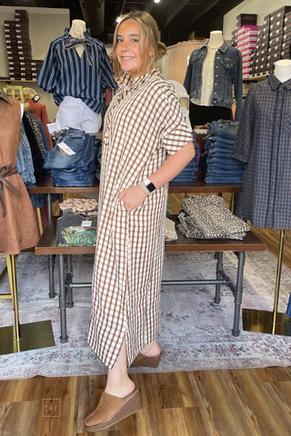 Entro Brown Gingham Fall Midi Dress Short Sleeve Shirt Collar D31501 side view