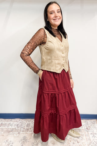 Entro Burgundy maxi tiered skirt with lining elastic waist and pockets s29030