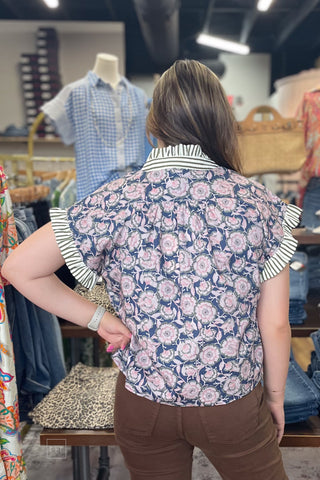 Entro Navy Floral Print Cap Sleeve Button Up Blouse Contrast Stripes back view