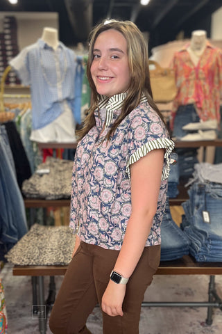 Entro Navy Floral Print Cap Sleeve Button Up Blouse Contrast Stripes side view