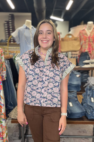 Entro Navy Floral Print Cap Sleeve Button Up Blouse Contrast Stripes front view