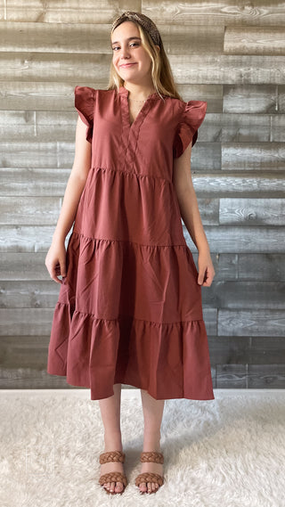 entro tiered midi dress with wide ruffle sleeves and v-neckline D18817 cinnamon