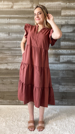 entro tiered midi dress with wide ruffle sleeves and v-neckline D18817 cinnamon