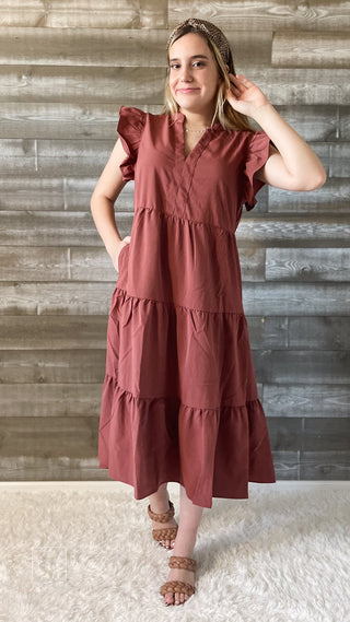 entro tiered midi dress with wide ruffle sleeves and v-neckline D18817 cinnamon