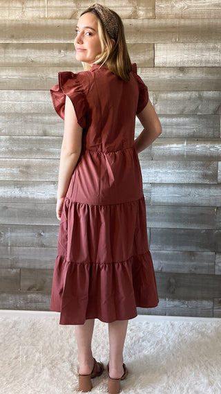 entro tiered midi dress with wide ruffle sleeves and v-neckline D18817 cinnamon