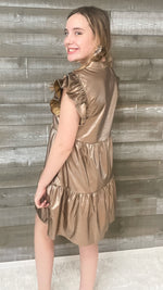 entro faux leather tiered mini dress ruffle sleeves vneck D18758 gold