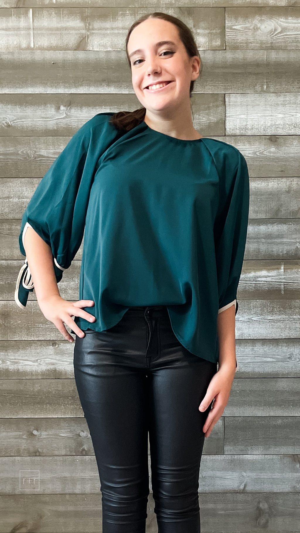 entro hunter green with ivory trim polyester blouse with self-tie bows at the elbows T25153