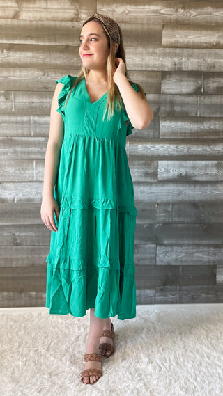 entro kelly green midi dress with vneckline and ruffle sleeves D19611