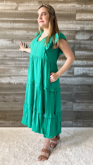 entro kelly green midi dress with vneckline and ruffle sleeves D19611