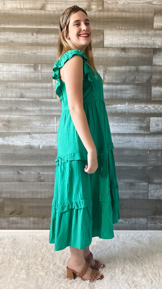 entro kelly green midi dress with vneckline and ruffle sleeves D19611