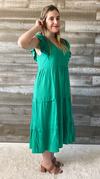 entro kelly green midi dress with vneckline and ruffle sleeves D19611