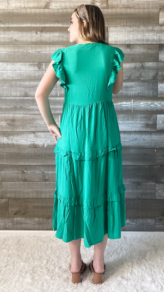 entro kelly green midi dress with vneckline and ruffle sleeves D19611