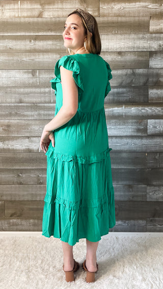 entro kelly green midi dress with vneckline and ruffle sleeves D19611