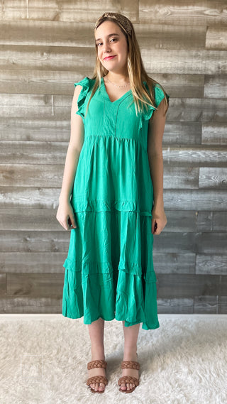 entro kelly green midi dress with vneckline and ruffle sleeves D19611