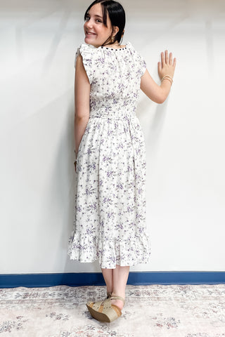 Entro Lavender floral print dress scoop neck ribbon accent D25735
