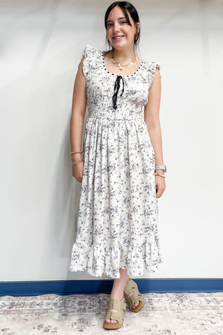 Entro Lavender floral print dress scoop neck ribbon accent D25735
