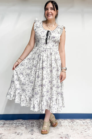 Entro Lavender floral print dress scoop neck ribbon accent D25735